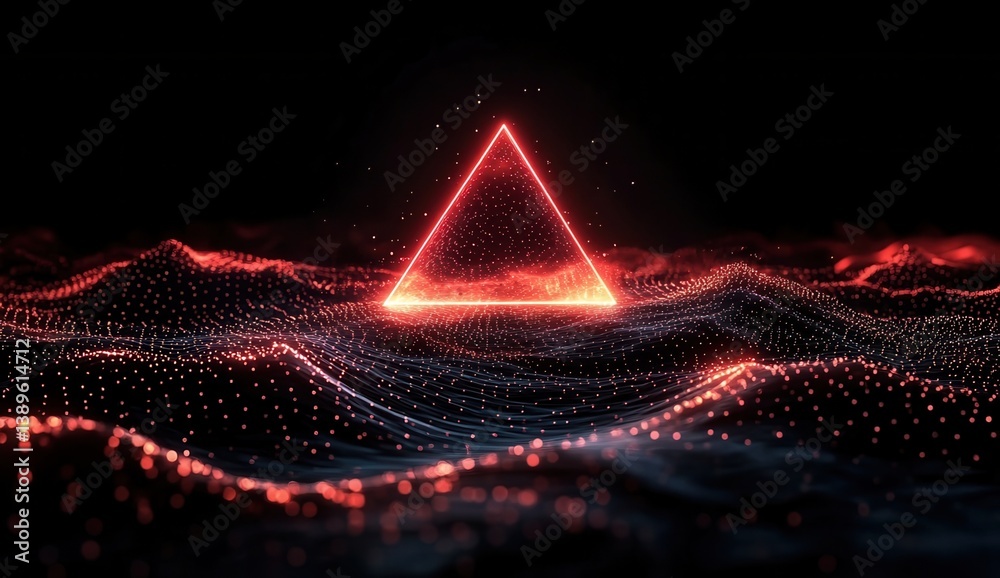 Aufkleber Glowing Red Triangle Amidst Wavy Digital Particles on Dark Background Creating Abstract Futuristic and Technological Design with Geometric Shapes and Modern Brightness