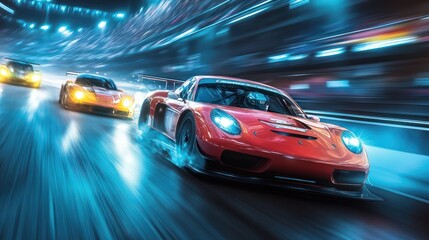 Night race, speed, cars, competition, track, lights, motion blur, racing, advertising