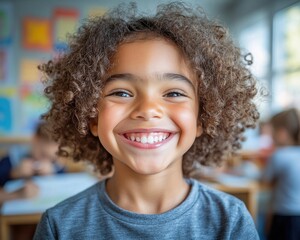 A young girl y with curly hair is smiling and looking at the camera