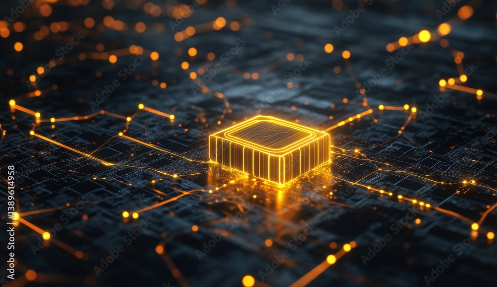 Poster Golden Electronic Microchip and Circuit Board with Glowing Connections Represents Advanced Technology Computer System with Artificial Intelligence in Dark Abstract Background