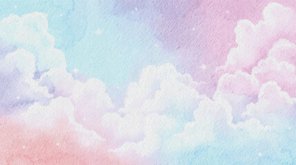 Dreamy watercolor sky with fluffy clouds and twinkling stars in a vibrant dusk gradient