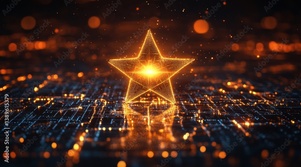 Aufkleber Golden Star Glowing on Blue Digital Matrix Background with Bokeh Effects and Sparkles in Futuristic Technology Concept and Modern Abstract Design