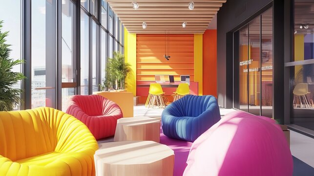 Colorful office lounge area with beanbag chairs and modern design elements and large windows view