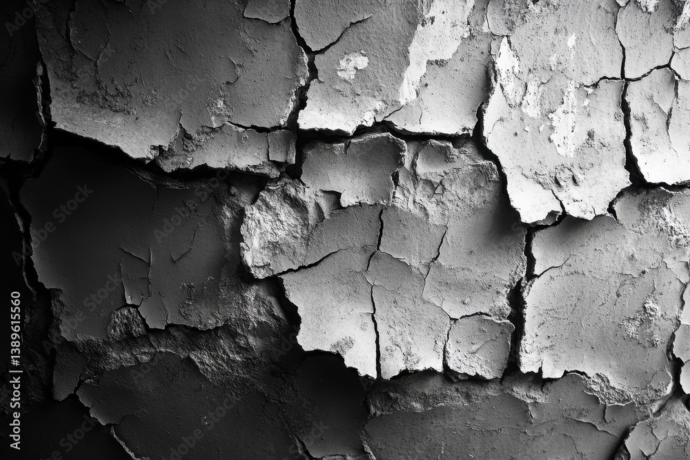 Poster grayscale close up of cracked and peeling surface with an abstract pattern and weathered texture in 