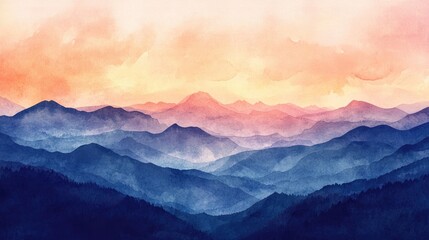 Fototapeta premium Watercolor landscape of mountains against a sunset sky