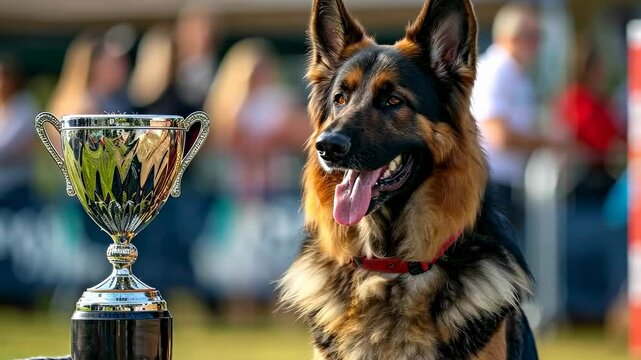 German shepherd with trophy at a dog show celebrating victory with a proud expression and award, 4k video