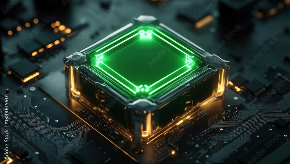 Poster Green Lit Square Microchip on Black Circuit Board High Technology Component with Detailed Connectivity and Electrical Network in Futuristic Style