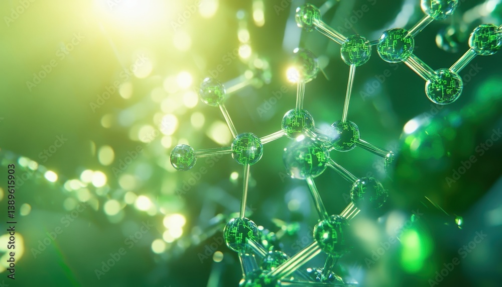 Aufkleber green molecular structure visualization with bokeh lights representing scientific research and techn