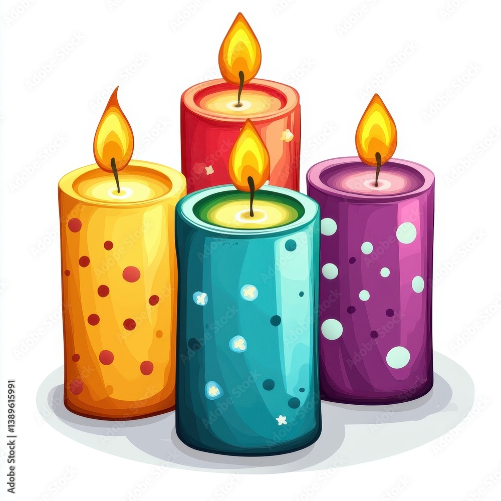 Poster group of four lit decorative candles with polka dots in varying colors red yellow blue and purple wi