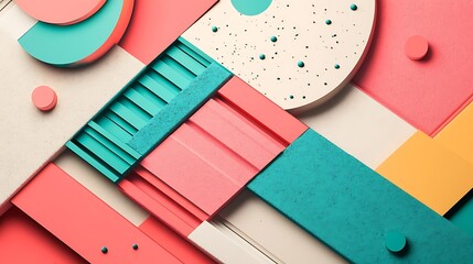Abstract geometric shapes, pastel colors, textured background.