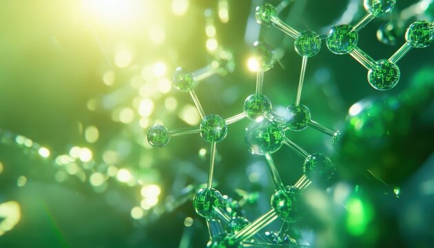 Green Molecular Structure Visualization with Bokeh Lights Representing Scientific Research and Technological Innovation in a Medical and Pharmaceutical Context