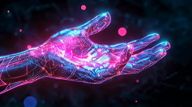 Futuristic neon hand with digital circuitry in a glowing virtual reality environment, 4k video