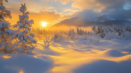 Fototapeta premium Golden Sunrise Winter Wonderland: Snow-Covered Pines and Misty Mountains