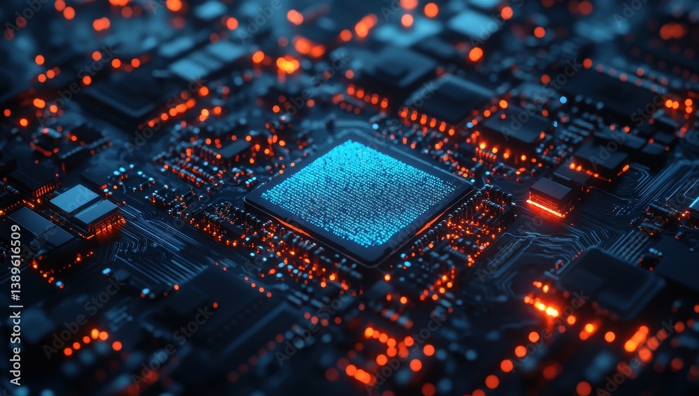 Poster Illuminated Circuit Board with Orange and Blue Lights Detailed Electronic Components and Complex Network Technology Concept High Tech Motherboard Design and Electrical Engineering in Abstract Style