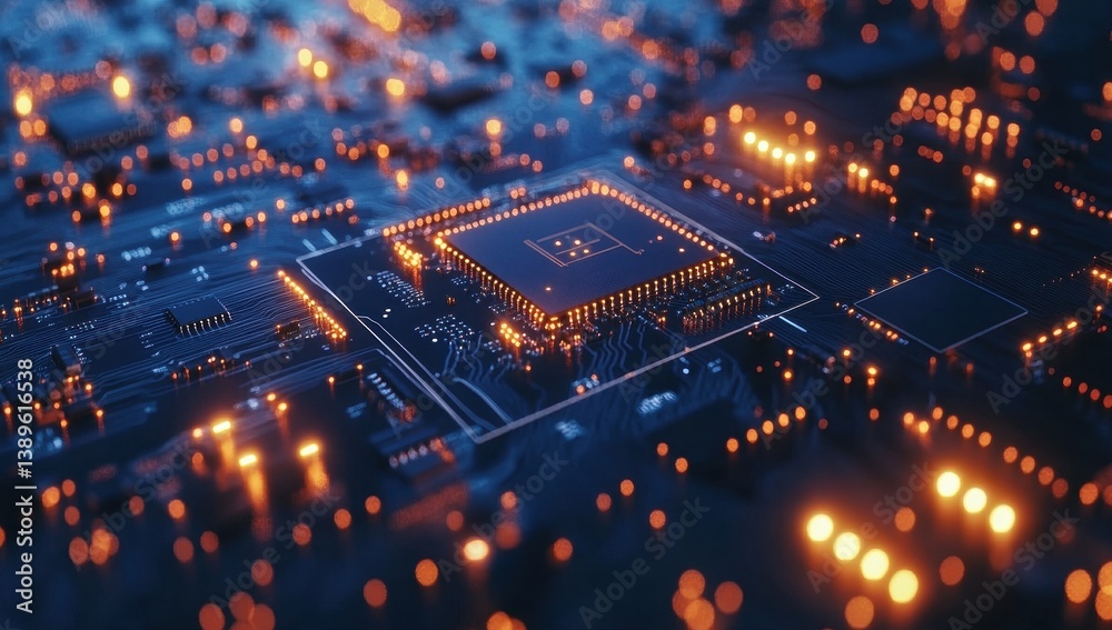 Fototapete Illuminated Circuit Board with Electronic Components in Blue and Orange Tones High Tech Microchip System with Glowing Details