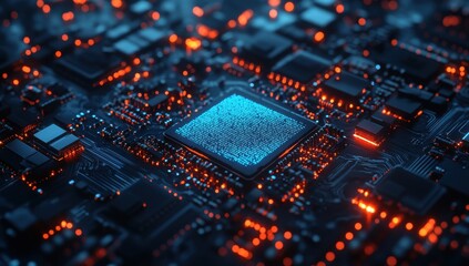 Fototapeta premium Illuminated Circuit Board with Orange and Blue Lights Detailed Electronic Components and Complex Network Technology Concept High Tech Motherboard Design and Electrical Engineering in Abstract Style