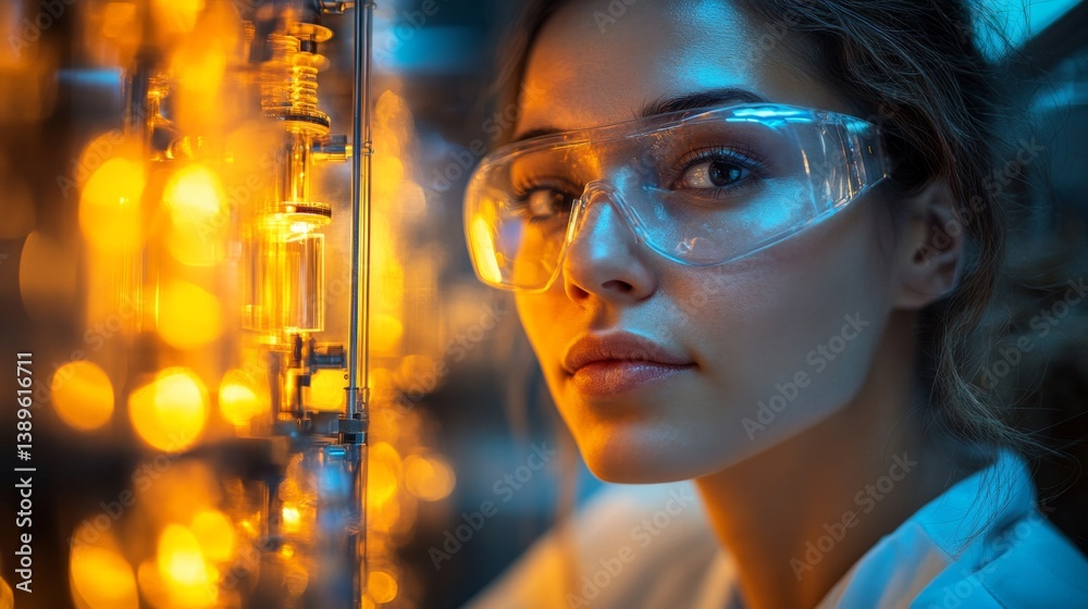 Poster A skilled technician conducts important tasks related to energy generation while surrounded by glowing tools and equipment within a power generation site during twilight.