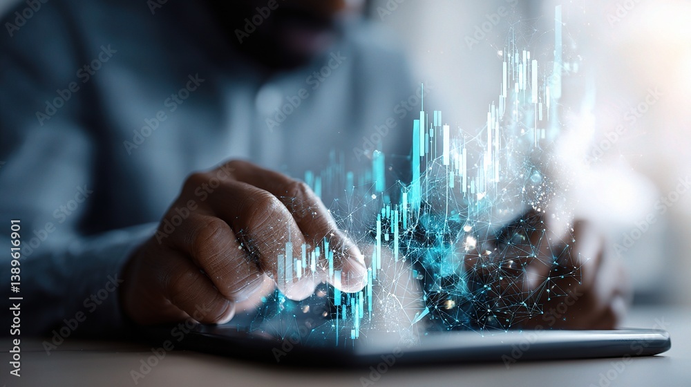 Poster man using tablet with double exposure graphic and data analysis