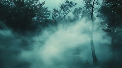 Fototapeta premium Misty Forest Enchantment: Ethereal Teal Trees and Fog