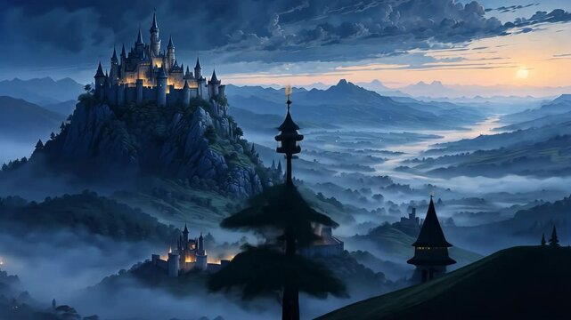 Enchanting Dawn Over Majestic Mountain Kingdom: A Serene Castle Landscape Exploration