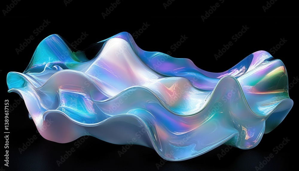 Aufkleber Iridescent Wave with Smooth Surface and Colorful Reflection in a Black Background Creates an Abstract Holographic Fluid Design with Shiny Metallic Texture