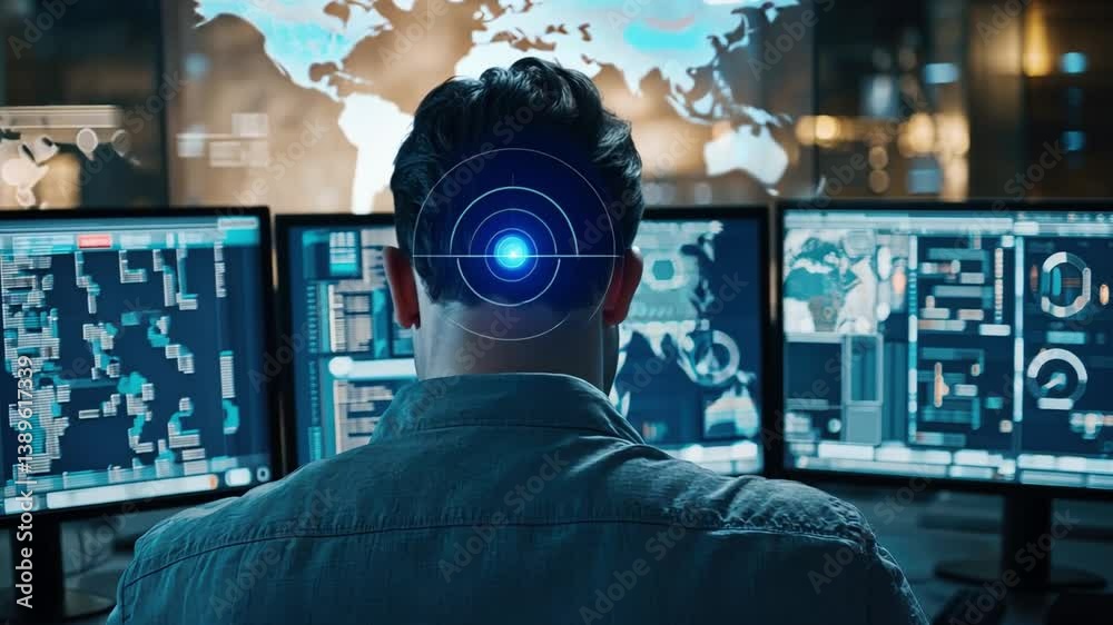 Poster man analyzing data on multiple computer screens in a modern control room with digital maps and graph