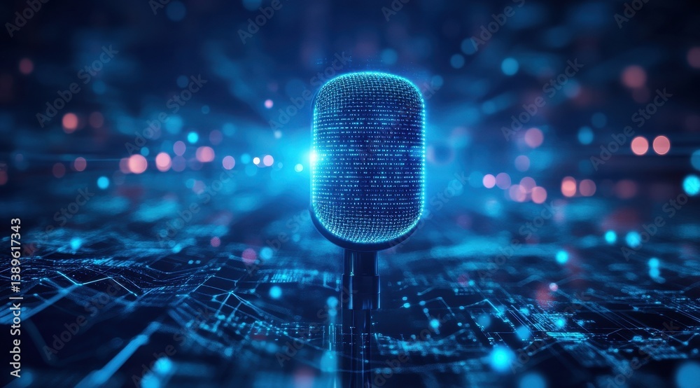 Poster Luminous Blue Microphone with Digital Circuitry and Geometric Patterns Representing Modern Audio Technology and Communication with Glowing Light Effect on Dark Background