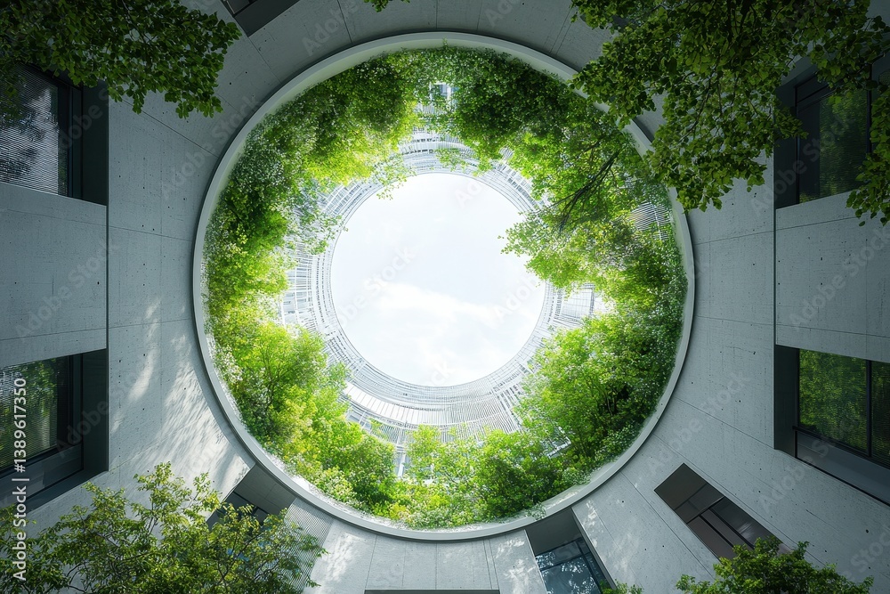 Poster looking up through a circular architectural opening filled with green trees and bright sky showing m