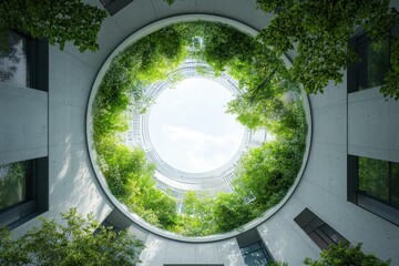Looking Up Through a Circular Architectural Opening Filled with Green Trees and Bright Sky Showing Modern Building Design with Sustainable Concept in Urban Environment