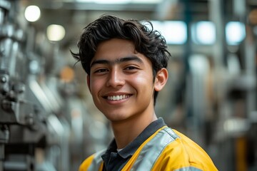 Fototapeta premium Portrait of a Smiling Young Hispanic Factory Worker Technician in Safety Uniform Posing with Industrial Machinery