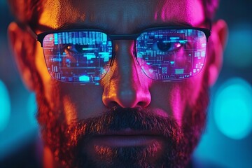 Utilizing AI Technology to Convert Prospects into Profits: Businessman with Sharp Eyeglasses and Groomed Beard Works with Holographic Screens