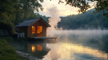 Fototapeta premium Cozy wooden sauna cabin with warm light glows by serene lake surrounded by lush green trees, with mist rising from water