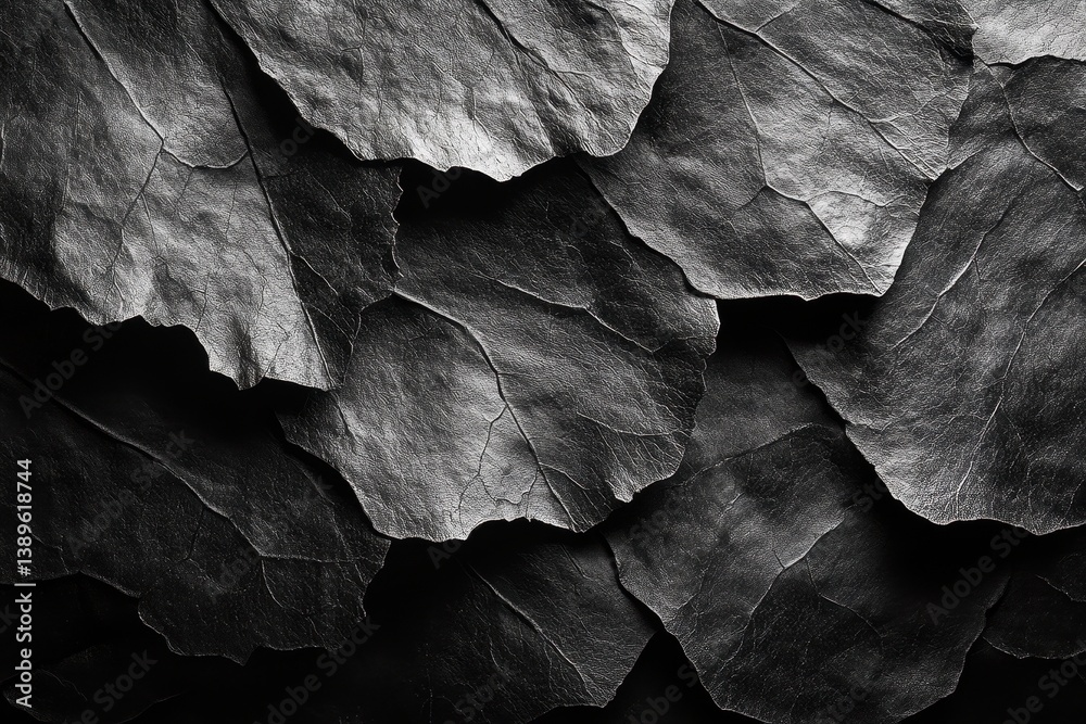 Aufkleber Monochrome Close Up of Black Leaves with Detailed Texture and Veins Creating an Abstract Pattern on a Natural Surface With Intricate Details