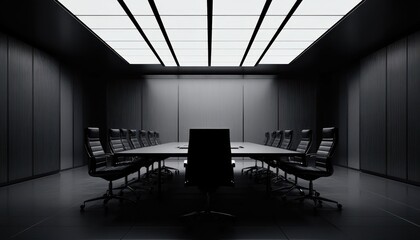 Fototapeta premium Monochrome Boardroom Interior with Long Table and Executive Chairs Under Bright Overhead Lighting Creates a Sense of Corporate Meeting and Professional Space