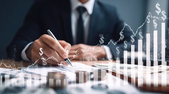 Businessman Working at Private Banking Desk with Financial Documents