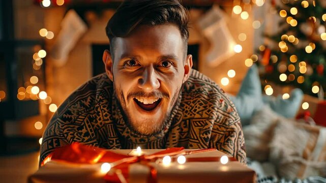 Genuine surprise as a man opens a gift, his expression a mix of astonishment and joy, hyper-realistic 4K photo. --ar 5:3 Job ID: 6c6394a2-7a4c-422d-b8aa-f22c45a0803a