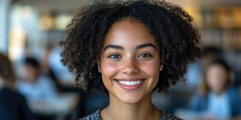 university student, blurred library background with classmates working on computers