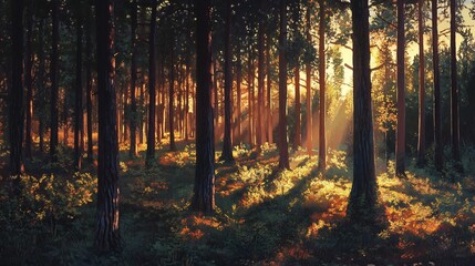 Obraz premium Golden Sunbeams Filtering Through a Serene Forest: A Warm Impressionist Painting