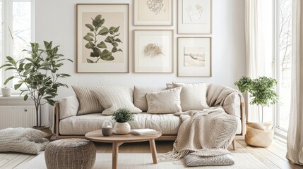 Fototapeta premium Elegant apartment interior with natural light and plants home decor creating a serene and inviting home atmosphere with wall art