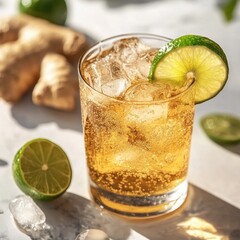 Fototapeta premium Refreshing Ginger Lime Cocktail with Ice Cubes in Clear Glass on Bright Background Showing Ginger Root and Sliced Limes