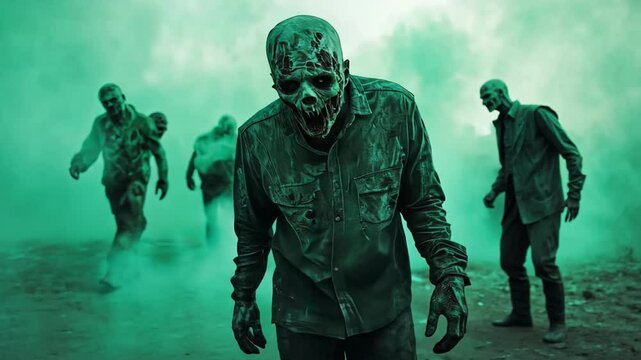 Eerie Scene of Ghoulish Figures Emerging from Foggy Background in a Spooky Green Atmosphere