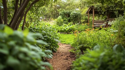 Tranquil Garden Pathway Surrounded by Lush Greenery and Flowers