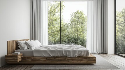 Serene bedroom decor with wooden bed overlooking lush green trees through sheer curtains