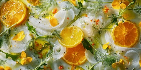 Artistic photo of salad made with shaved fennel, arugula and citrus segments, bright summery style