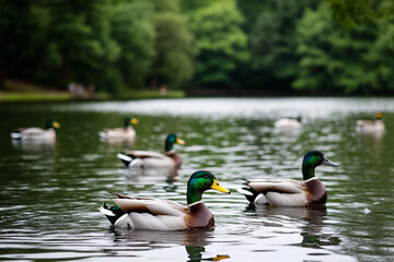 Fototapeta premium Ducks swim in a serene pond creating ripples and chaos while enjoying the peaceful surroundings of nature