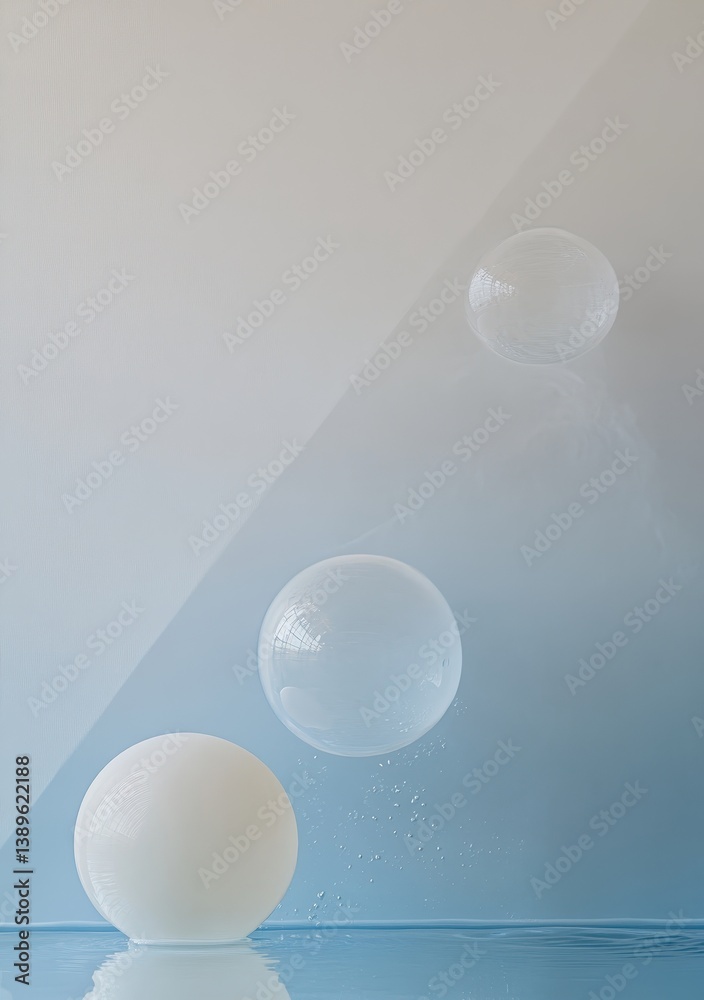 Aufkleber three glass spheres in gradient blue and white reflective surface with clean minimal studio lighting