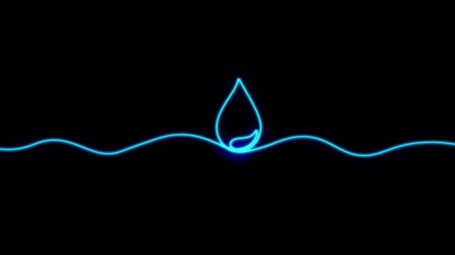 Video. Single neon line continuous drawing of water drop. Single editable line icon of oil drops , blood , tears. Animation on black background 4K.