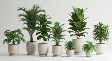 Indoor potted plants in modern minimalist planters with tropical foliage on clean white background
