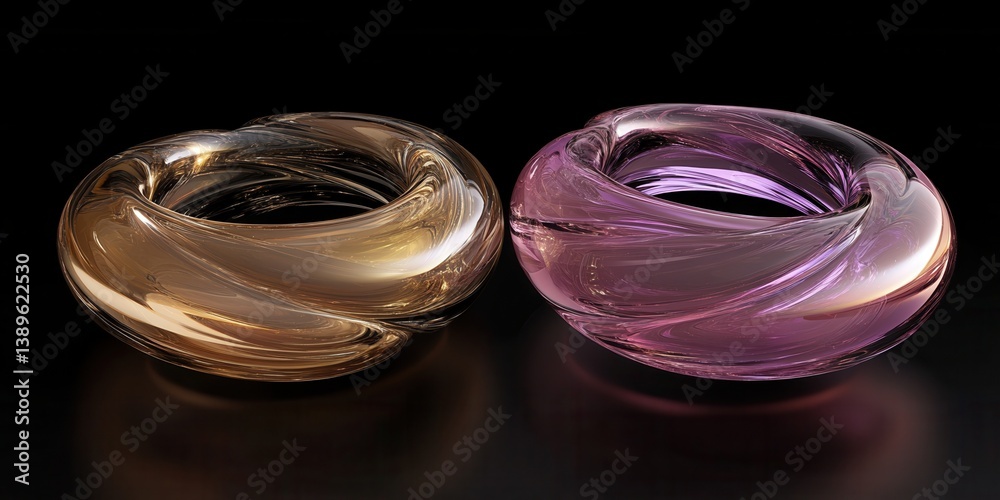 Aufkleber Two Abstract Donut Shapes In Golden And Purple Metallic Hues Displaying Modern 3D Rendering On Dark Surface With Shiny Texture And Geometric Design Elements For Contemporary Art