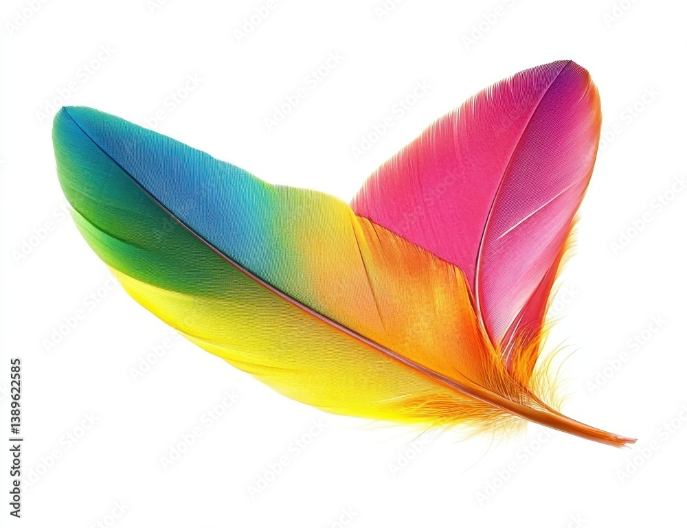 Poster two colorful bird feathers displayed on white background gradient spectrum of pink yellow green blue